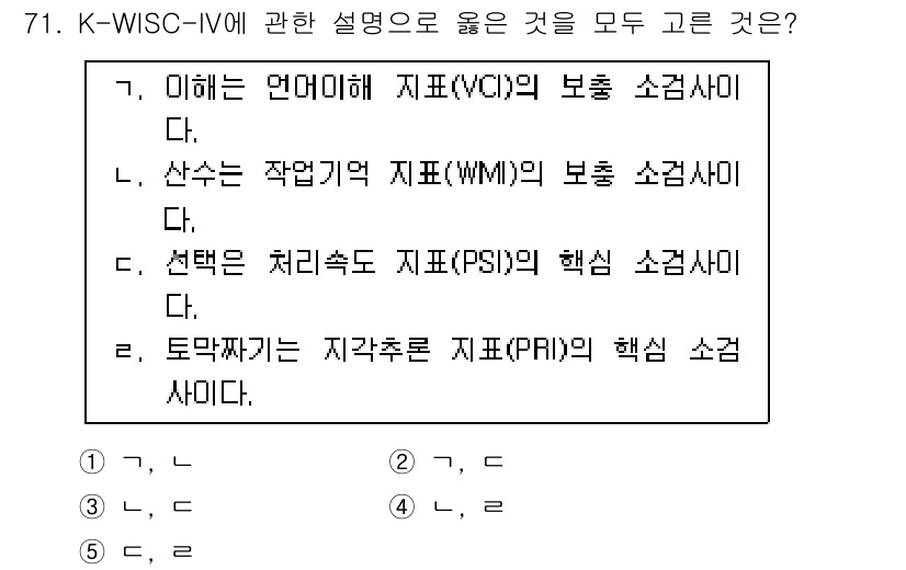 청소년상담사_2급(1교시) 2023년 71번 - K-WISC-IV의 각 지표는 특정 인지 기능을 평가합니다. 질문에서 '... 에 관한 핵심 기출문제