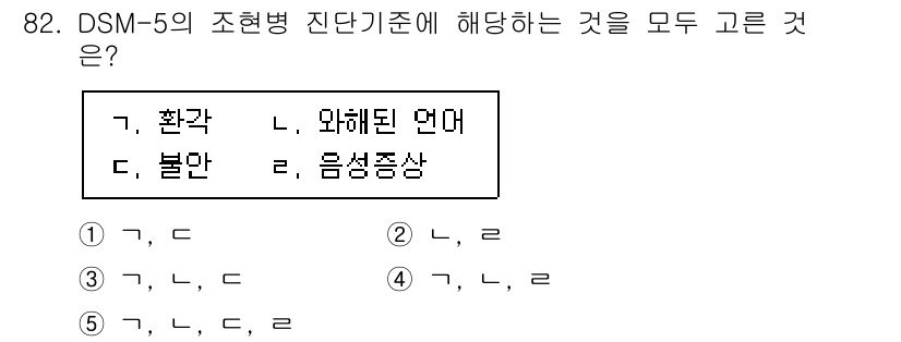 청소년상담사_2급(1교시) 2023년 82번 - DSM-5에서 조현병의 진단 기준은 환각, 와해된 언어, 불안 등으로 분... 에 관한 핵심 기출문제
