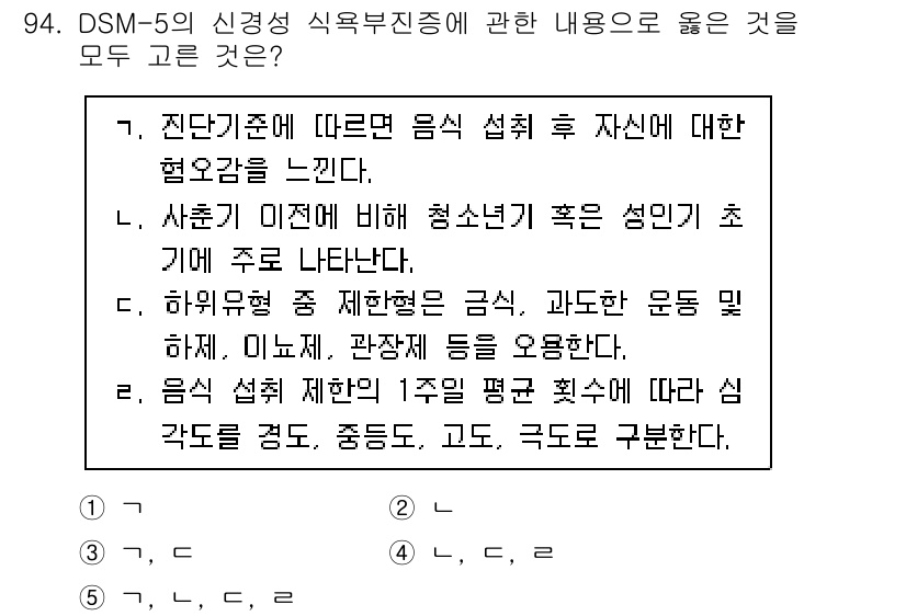 청소년상담사_2급(1교시) 2023년 94번 - 정답 2번은 DSM-5에서 정의한 신경성 식욕부진증의 특징을 정확하게 반... 에 관한 핵심 기출문제