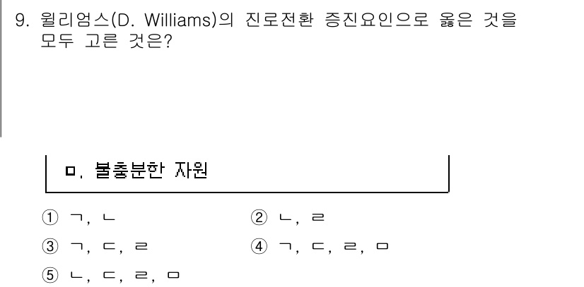 청소년상담사_2급(2교시)(구) 2023년 9번 - 문제에서 요구하는 것은 윌리엄스의 진로 전환 이론에 따른 불 출력 분한 ... 에 관한 핵심 기출문제