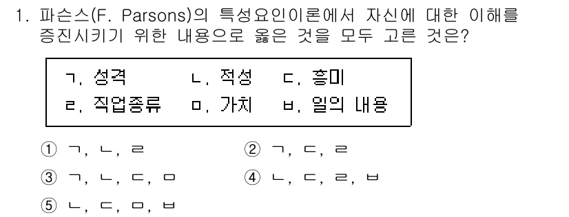 청소년상담사_2급(2교시) 2023년 1번 - 파슨스의 특성인 이론에서 자신을 이해하기 위해서는 개인의 성격과 직업에 ... 에 관한 핵심 기출문제