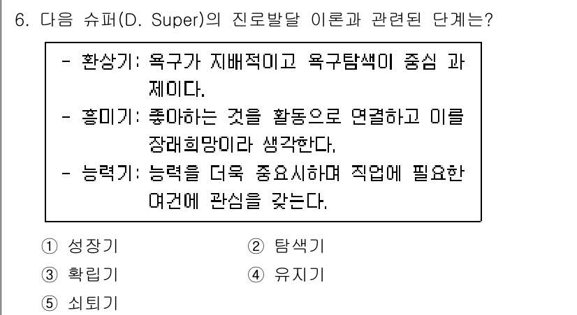 청소년상담사_2급(2교시) 2023년 6번 - . 성장

해설: D. Super의 진로발달 이론에서 "성장"은 개인의 ... 에 관한 핵심 기출문제