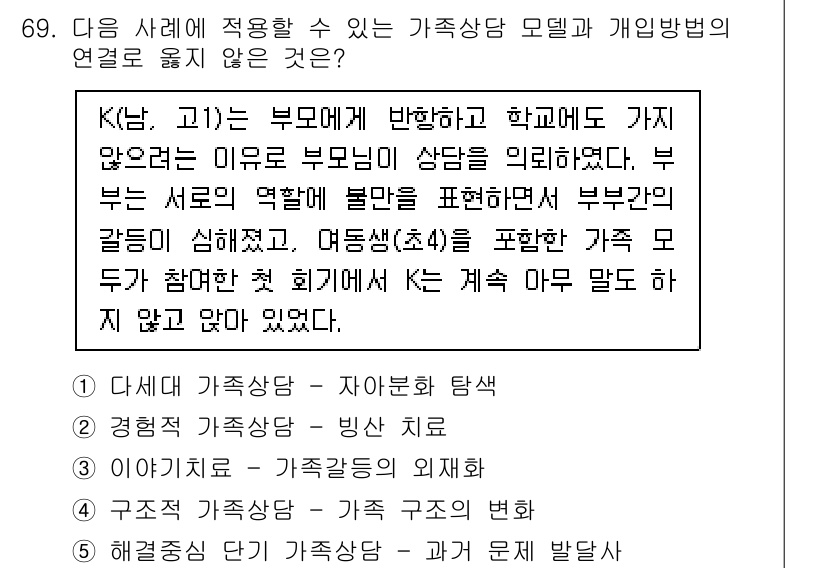 청소년상담사_2급(2교시) 2023년 69번 - K는 부모에게 반항하고 학교에도 가기 않으면서 부모와의 상담을 통해 가족... 에 관한 핵심 기출문제
