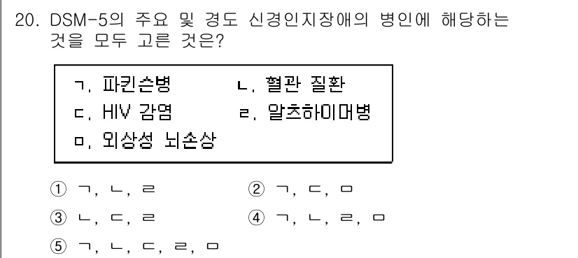 청소년상담사_3급(1교시)(구) 2023년 20번 - DSM-5의 주요 및 경도 신경인지장애는 치매, 외상성 뇌손상 등 중추신... 에 관한 핵심 기출문제