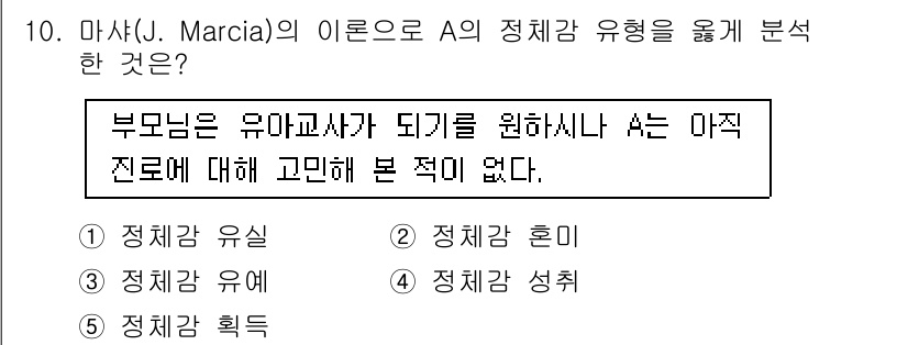 청소년상담사_3급(1교시) 2023년 10번 - . 정체감 혼미  

해설: 마샤의 정체감 이론에서 '정체감 혼미'는 개... 에 관한 핵심 기출문제
