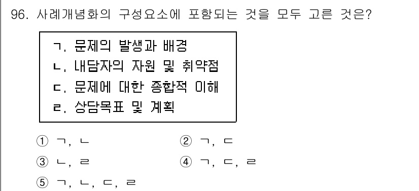 청소년상담사_3급(1교시) 2023년 96번 - 청소년 상담의 구성 요소는 문제의 발생과 배경, 내담자의 자원 및 취약점... 에 관한 핵심 기출문제