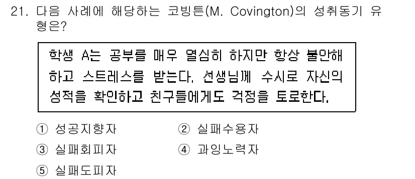 청소년상담사_3급(2교시)(구) 2023년 21번 - 정답은 4번 "과잉논리적"이다. M. Covington의 성취 동기 이론... 에 관한 핵심 기출문제