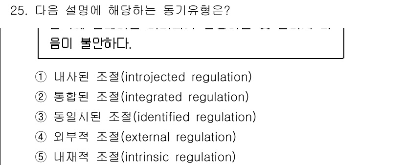 청소년상담사_3급(2교시)(구) 2023년 25번 - . 내재적 조절 (introjected regulation)  
이 유형... 에 관한 핵심 기출문제