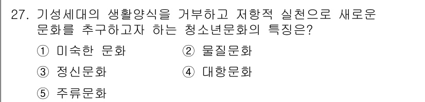 청소년상담사_3급(2교시)(구) 2023년 27번 - 정답은 4번 대항문화이다. 대항문화는 기성세대의 가치관이나 생활양식을 거... 에 관한 핵심 기출문제