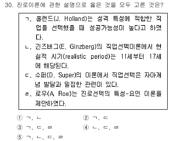 청소년상담사_3급(2교시)(구) 2023년 30번 - 2. 홀랜드(Holland)의 성격 유형 이론에 따르면, 개인의 성격 유... 에 관한 핵심 기출문제