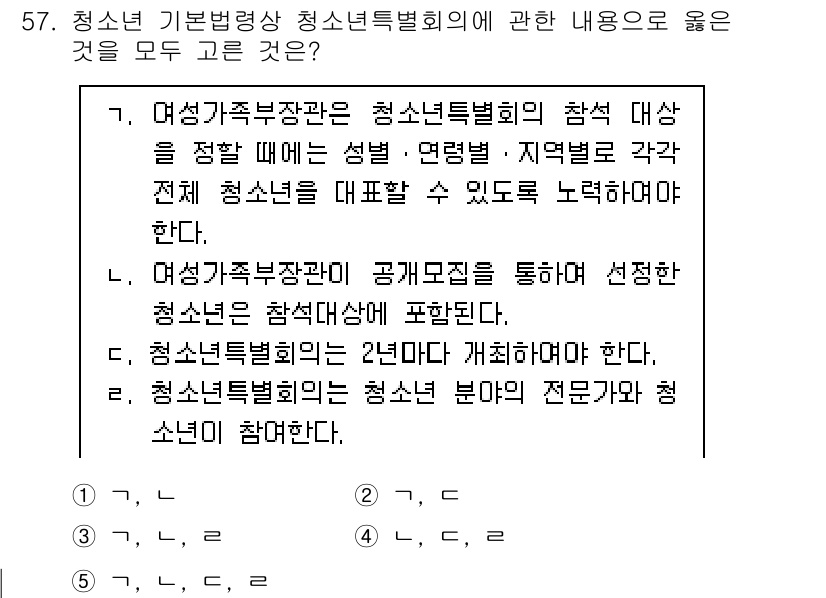 청소년상담사_3급(2교시) 2023년 57번 - 정답 3번은 청소년특별회의의 참여 대상이 청소년 그 자체를 포괄하므로, ... 에 관한 핵심 기출문제