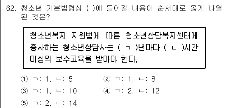청소년상담사_3급(2교시) 2023년 62번 - . 

청소년복지지원법에 따르면 청소년 상담사는 일정 기준(나이 및 경력... 에 관한 핵심 기출문제