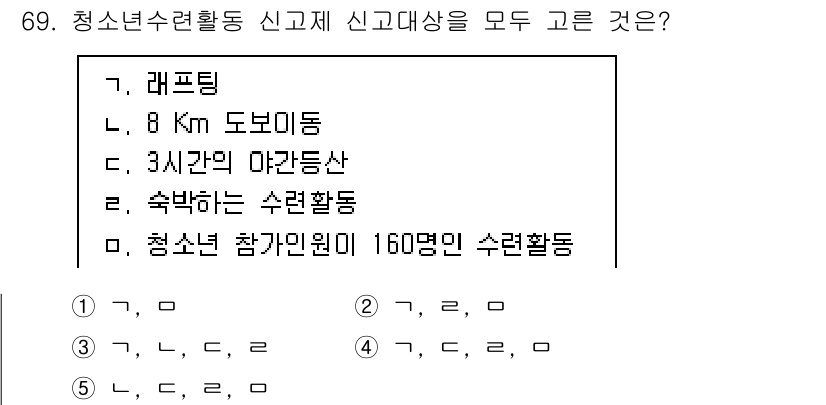 청소년상담사_3급(2교시) 2023년 69번 - 청소년 수련활동은 청소년들이 자신의 경험과 흥미를 발전시키고, 사회성과 ... 에 관한 핵심 기출문제