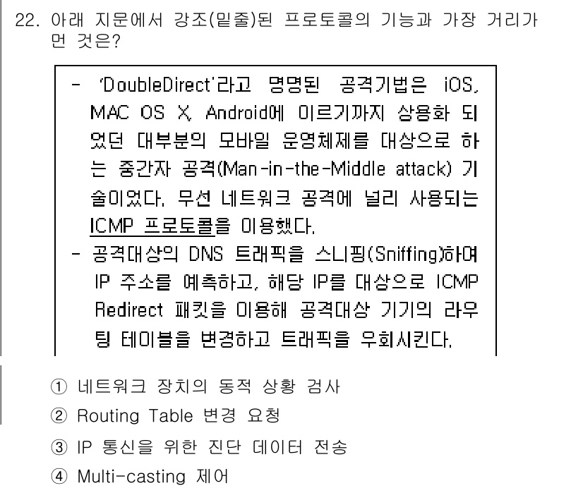 정보보안기사 2020년 22번 - 정답 4번은 "Multi-casting"입니다. 멀티캐스팅은 여러 수신자... 에 관한 핵심 기출문제