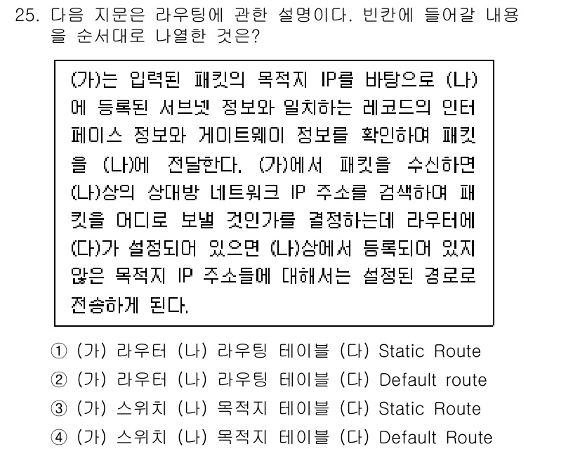 정보보안기사 2020년 25번 - 입력된 패킷의 목적지 IP에 따라 라우터는 패킷의 전송 경로를 결정하며,... 에 관한 핵심 기출문제