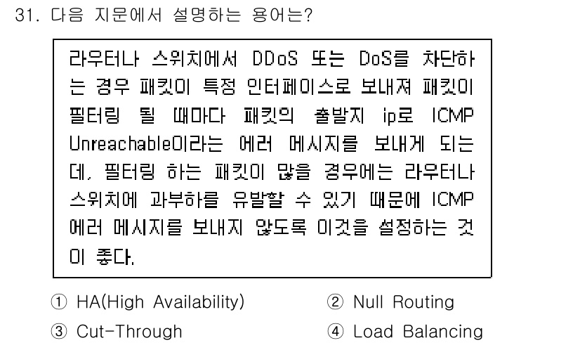 정보보안기사 2020년 31번 - 정답 2번은 ICMP Unreachable Destination Mess... 에 관한 핵심 기출문제