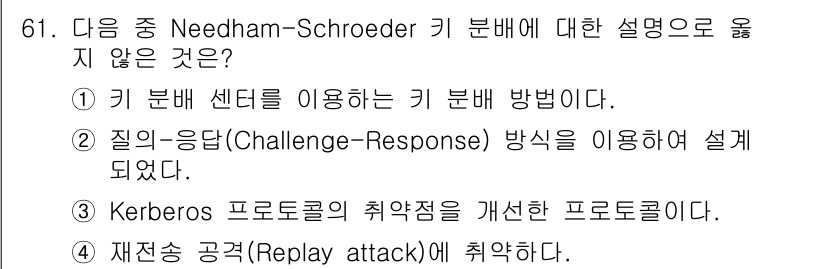 정보보안기사 2020년 61번 - Needham-Schroeder 프로토콜은 Kerberos 프로토콜의 취... 에 관한 핵심 기출문제
