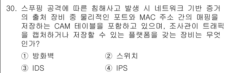 정보보안기사 2021년 30번 - 스푸핑 공격을 방지하기 위해 MAC 주소와 포트 정보를 저장하는 CAM ... 에 관한 핵심 기출문제
