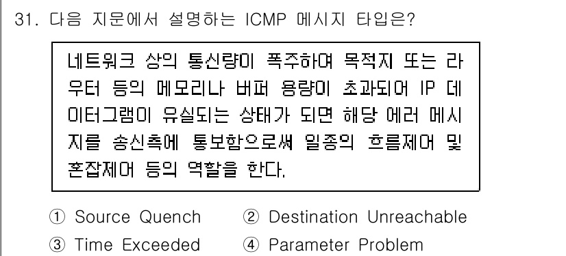 정보보안기사 2021년 31번 - . 

ICMP 메시지 중 "Source Quench"는 네트워크에서 발... 에 관한 핵심 기출문제
