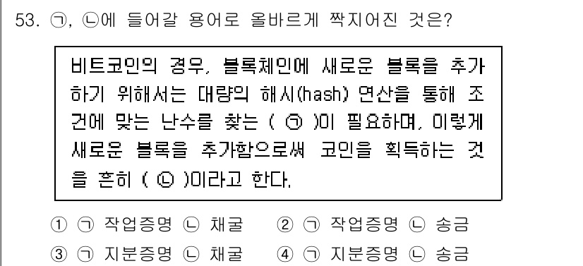 정보보안기사 2021년 53번 - 비트코인이 새로운 블록을 추가하기 위해 난수를 찾는 과정은 해시 함수를 ... 에 관한 핵심 기출문제