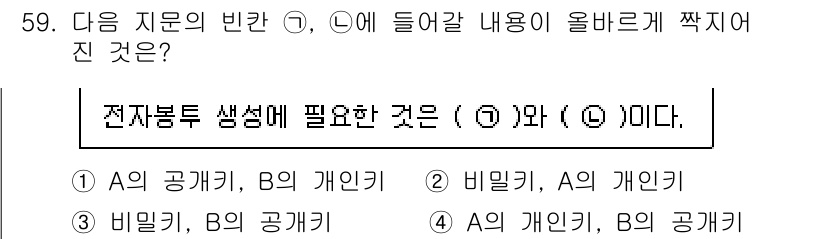 정보보안기사 2021년 59번 - . 

전자부품 생선에 필요한 것은 A의 개인키와 B의 공개키입니다. 개... 에 관한 핵심 기출문제