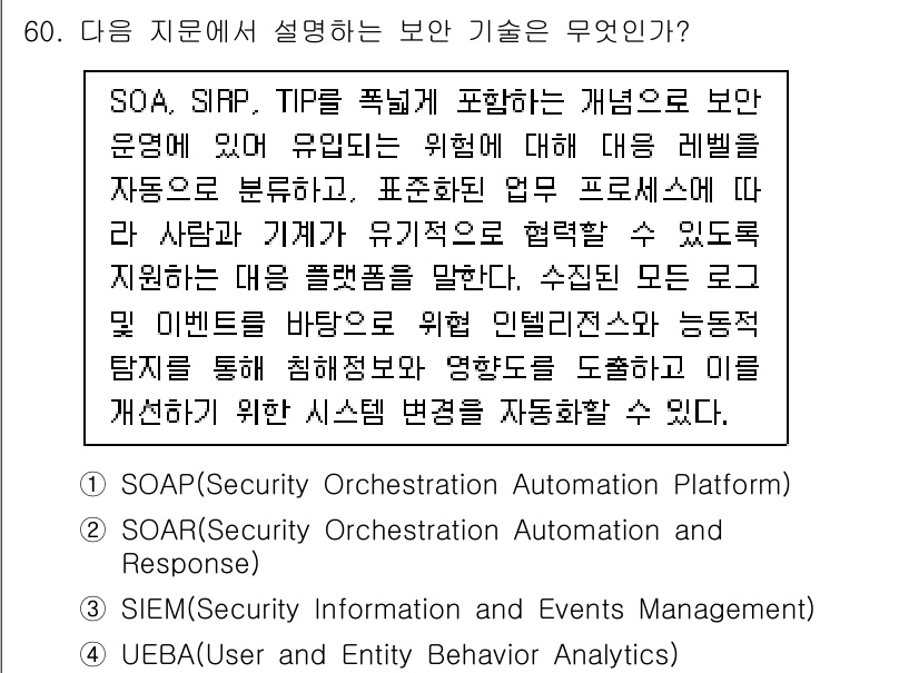 정보보안기사 2021년 60번 - SOAR(보안 오케스트레이션 자동화 응답)는 보안 사건에 대한 운영을 자... 에 관한 핵심 기출문제