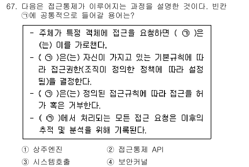 정보보안기사 2021년 67번 - 정답 4는 시스템이 접근 요청을 처리하는 과정에서 특정 정책에 따라 권한... 에 관한 핵심 기출문제