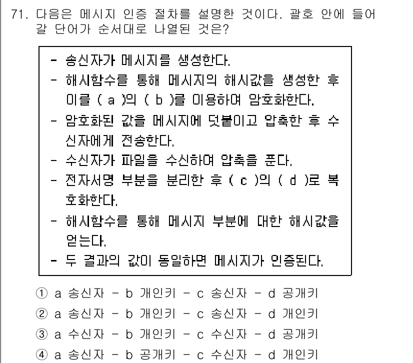 정보보안기사 2021년 71번 - 해설: 메시지 인증절차는 송신자가 메시지를 생성한 후, 해시 함수와 대칭... 에 관한 핵심 기출문제