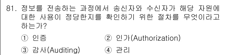 정보보안기사 2021년 81번 - . 인가(Authorization)  
이유: 인가는 송신자와 수신자가 ... 에 관한 핵심 기출문제