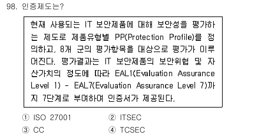 정보보안기사 2021년 98번 - 정답 3의 이유는 PP(Protection Profile)와 EAL(Ev... 에 관한 핵심 기출문제