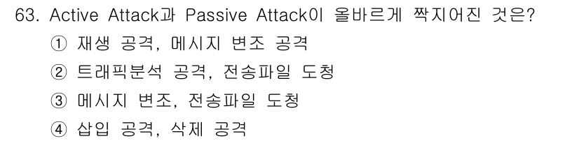 정보보안기사 2019년 63번 - 정답은 3번 "메시지 변조, 전송파일 도청"입니다. Active Atta... 에 관한 핵심 기출문제