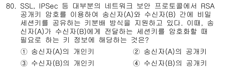정보보안기사 2019년 80번 - RSA 암호화에서 송신자(A)와 수신자(B) 간의 비밀 키 공유는 송신자... 에 관한 핵심 기출문제