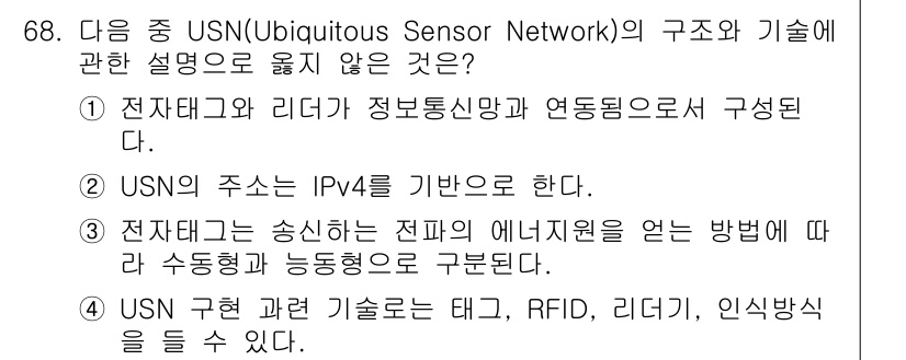 무선설비기사 2023년 68번 - 가. USN의 주소는 일반적으로 IPv6를 기반으로 하며, IPv4는 제... 에 관한 핵심 기출문제