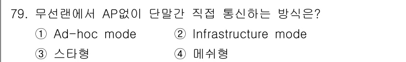 무선설비기사 2023년 79번 - . Ad-hoc mode  
Ad-hoc 모드는 무선 장치가 직접 서로 ... 에 관한 핵심 기출문제