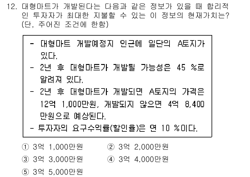 공인중개사_1차 2022년 12번 - 대형마트 개설에 따른 A조건의 수익률은 투자 수익률 10%를 기준으로 산... 에 관한 핵심 기출문제