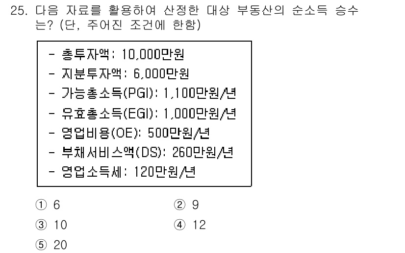 공인중개사_1차 2022년 25번 - 목표 부동산의 순소득을 계산하기 위해 모든 수익을 합산하고 지출을 뺍니다... 에 관한 핵심 기출문제