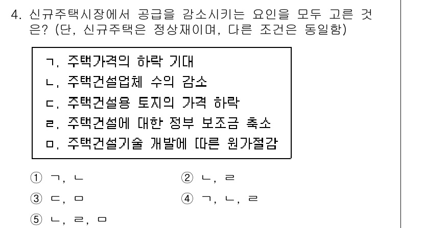 공인중개사_1차 2022년 4번 - 신규주택시장에서 공급을 감소시키는 요인은 주택건설기술 개발에 따른 원가절... 에 관한 핵심 기출문제
