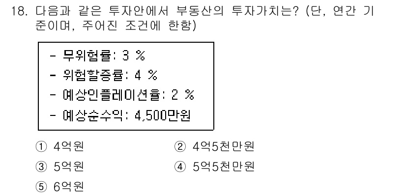 공인중개사_1차 2023년 18번 - 부동산 투자의 무위험 수익률이 3%이고, 위험 프리미엄이 4%인 경우, ... 에 관한 핵심 기출문제
