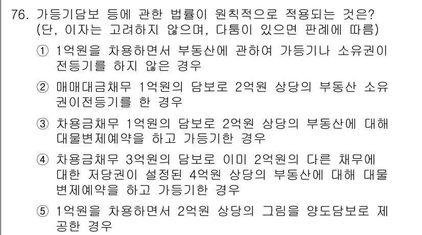 공인중개사_1차 2023년 76번 - . 

해설: 가득당보는 담보물권으로 설정된 1억 원의 대출이 있을 경우... 에 관한 핵심 기출문제