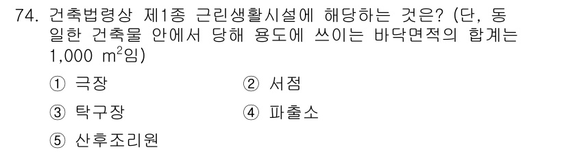 공인중개사_2차 2022년 74번 - 정답은 5번 '산후조리원'입니다. 건축법령상 제1종 근린생활시설에 해당하... 에 관한 핵심 기출문제