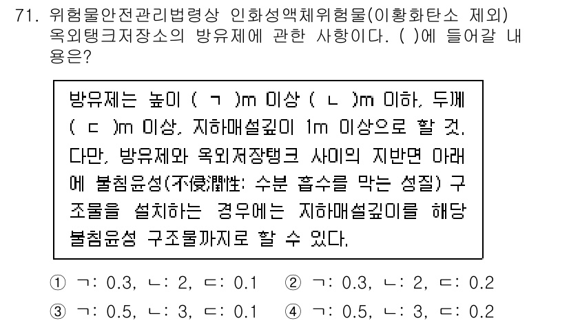 소방시설관리사 2023년 72번 - 방화저지는 높이가 7m 이상일 경우 두 개 이상의 방화섬벽을 설치해야 한... 에 관한 핵심 기출문제