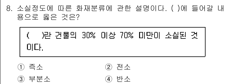 소방시설관리사 2023년 8번 - . 반소

해설: 소실 정도는 불에 의해 소실된 면적 비율을 기준으로 하... 에 관한 핵심 기출문제