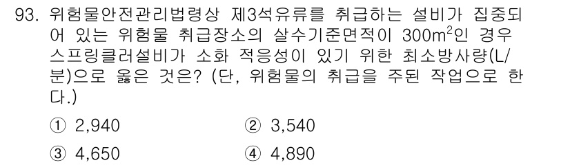 소방시설관리사 2023년 94번 - 소방시설에서 스프링클러 설비의 최소 방사량은 해당 위험물의 특성과 분포에... 에 관한 핵심 기출문제