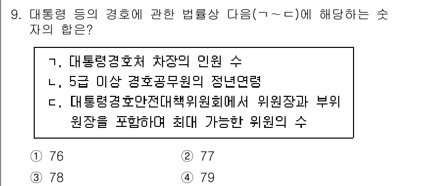 경비지도사_2차(경호학) 2023년 9번 - 대통 련경호처가 규정한 안전인원 기준에 따르면, 경호원 수는 차장의 인원... 에 관한 핵심 기출문제