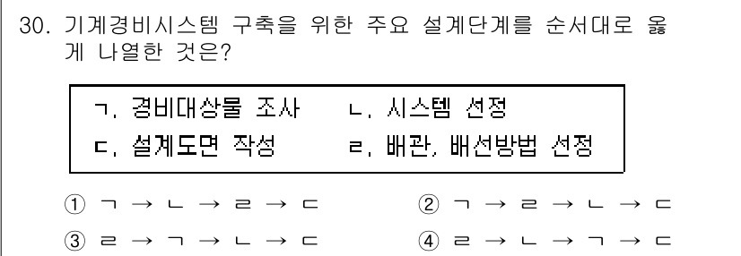 경비지도사_2차(기계경비개론) 2023년 30번 - 기계경비 시스템 구축을 위한 주요 설계 단계를 순서대로 나열하면, 경비대... 에 관한 핵심 기출문제