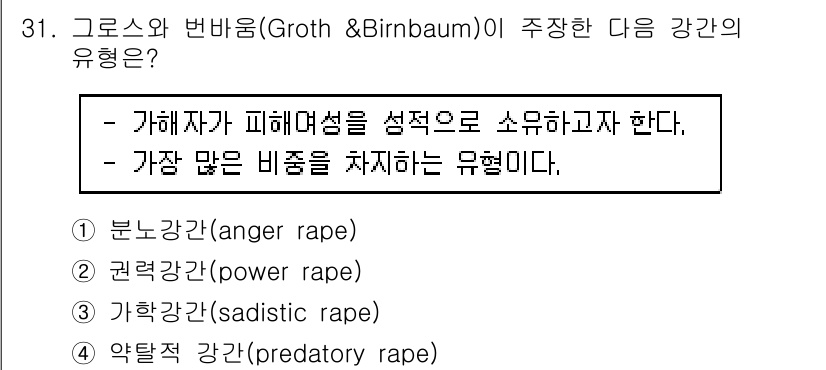 경비지도사_2차(범죄학) 2023년 31번 - Groth & Birnbaum의 범죄 강간 유형 중 권력 강간은 피해자에... 에 관한 핵심 기출문제