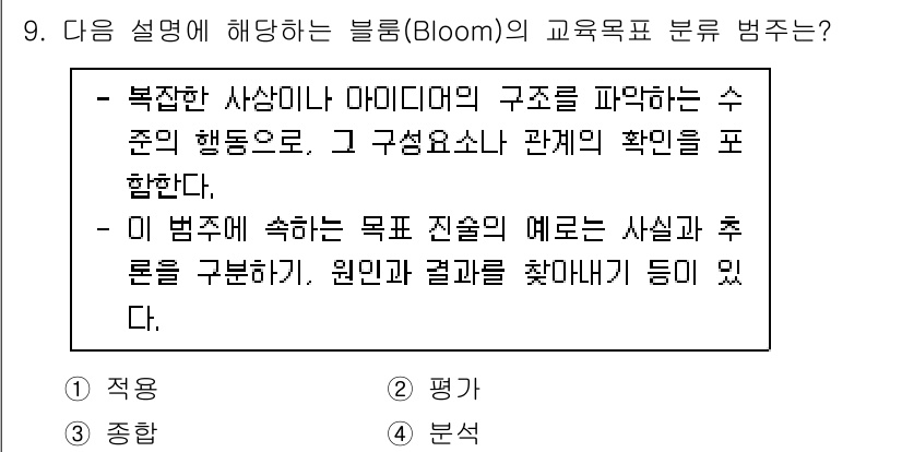 9급_국가직_공무원_교육학개론 2023년 9번 - . 

블룸의 교육 목표 분류는 학습자의 사고 수준을 단계별로 구분하여 ... 에 관한 핵심 기출문제