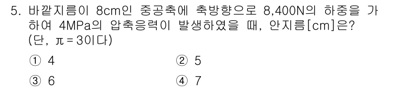 9급_국가직_공무원_기계설계 2023년 5번 - 안지름을 구하기 위해, 압축응력이 주어졌을 때 이를 이용하여 면적을 계산... 에 관한 핵심 기출문제