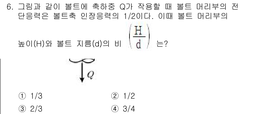 9급_국가직_공무원_기계설계 2023년 6번 - 문제에서 주어진 조건에 따르면, 볼트 머리부의 전단응력은 볼트 축 인장응... 에 관한 핵심 기출문제