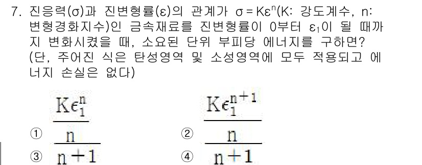 9급_국가직_공무원_기계일반 2023년 7번 - 관계식에서 σ = Kε^n을 사용하여 진동력과 변형률의 관계를 분석한다.... 에 관한 핵심 기출문제